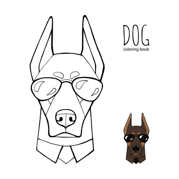 Chien Doberman avec des lunettes noires. Illustration vectorielle. Livre à colorier. Affiche d'humour, composition de t-shirt, imprimé de style dessiné à la main . — Image vectorielle