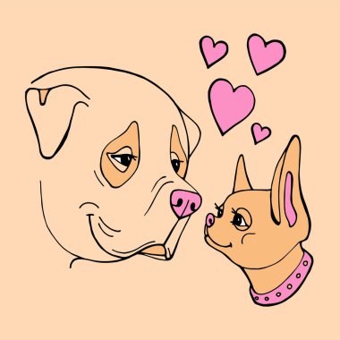 İki sevimli el çizimi köpek. Sevgililer Günü tebrik kartı. Vektör illüstrasyonu.