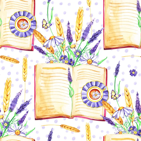 수채화 배경입니다. 매끄러운 패턴. 꽃 팬지, 라벤더, 식물및 책. 흰색 배경. — 스톡 사진