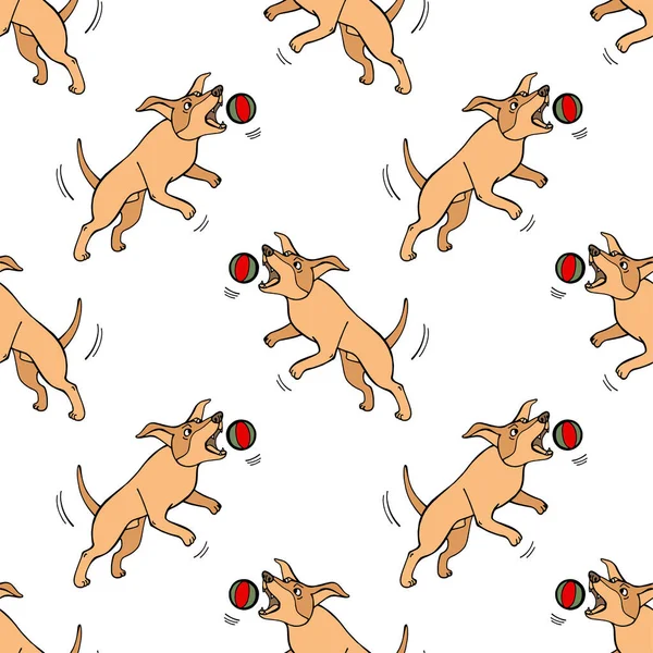 Handritade doodle söta hundar. Sömlöst mönster med att leka husdjur med boll. Konstnärliga hund vektor tecken. Bakgrund med skissartade husdjur — Stock vektor