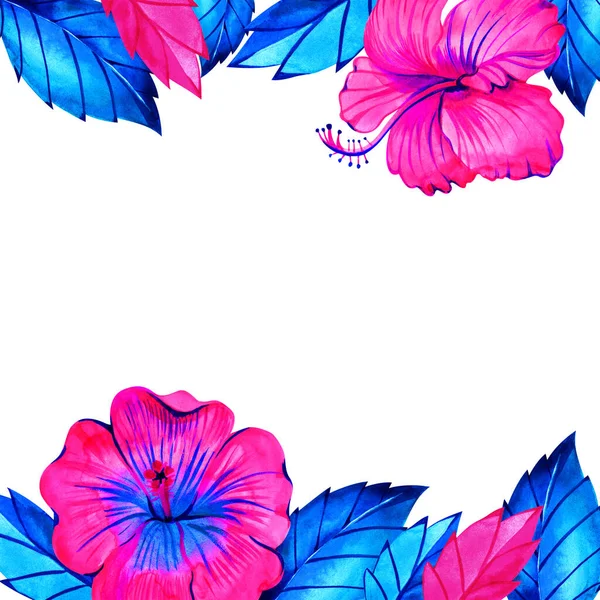 Rosa neon hibiscus blumengestell für braut dusche einladung. Aquarellillustration. — Stockfoto