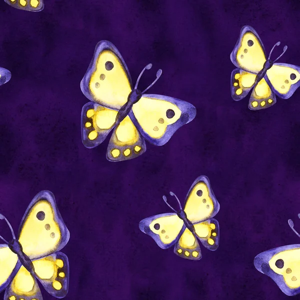 水彩图案与美丽的蝴蝶，无缝壁纸 — 图库照片