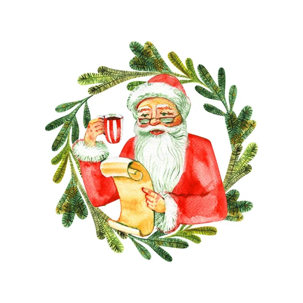 Boże Narodzenie Santa akwarela ilustracja. Kartka świąteczna. Ręcznie rysowany element graficzny. Malowanie akwarelami — Zdjęcie stockowe