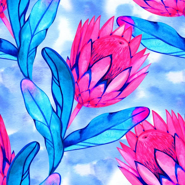 Protea neon fiori acquerello modello illustrazione. Perfetto per saluti, inviti, produzione carta da imballaggio, tessile, web design . — Foto Stock