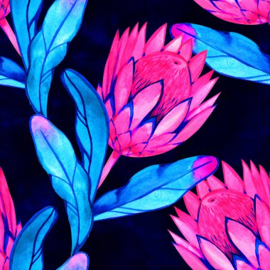 Protea neon çiçekleri suluboya resimleme deseni. Selamlama, davetiye, ambalaj kağıdı, tekstil ve web tasarımı için mükemmel..