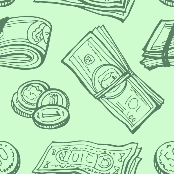 Doodle Geld nahtlose Muster Hintergrund. Hand zeichnen Vektor Illustration. — Stockvektor