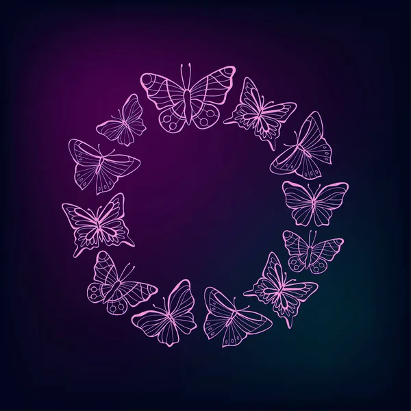 Coroa de néon de borboletas em um fundo escuro. Ilustração vetorial . — Vetor de Stock