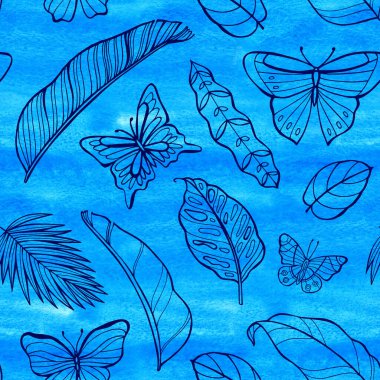 Tropik vahşi neon desenli. Suluboya arka plan. Selamlama, davetiye, ambalaj kağıdı, tekstil ve web tasarımı için mükemmel..