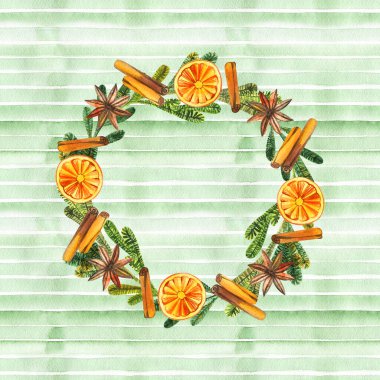 Suluboya çizimi. Noel ağacı çelengi. Yeni yıl tebrik kartı.