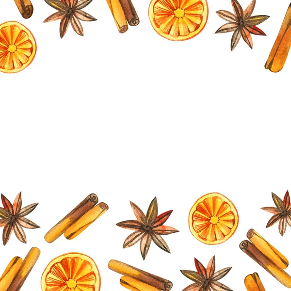Aquarell-Adventskranz mit Orangen, Zimtrahmen, Weihnachten. — Stockfoto