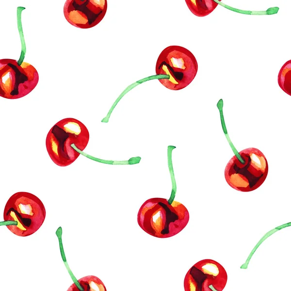 Kırmızı kiraz meyvesi ile arka plan. Suluboya yaz dikişsiz desen — Stok fotoğraf