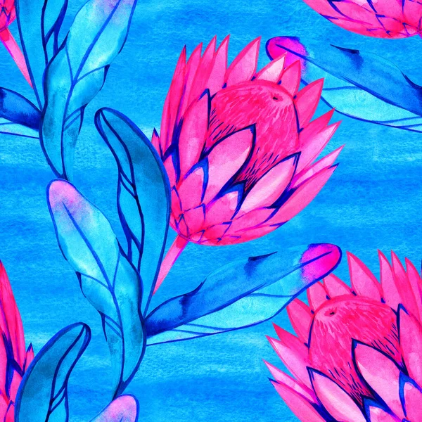 Protea neon fiori acquerello modello illustrazione. Perfetto per saluti, inviti, produzione carta da imballaggio, tessile, web design . — Foto Stock