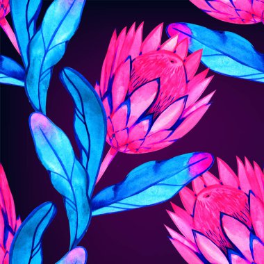 Tropik vahşi neon desenli. Suluboya arka plan. Selamlama, davetiye, ambalaj kağıdı, tekstil ve web tasarımı için mükemmel..