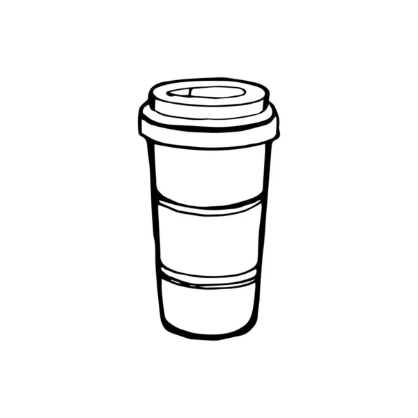 Café quente descartável para ir xícara com tampas e etiqueta com texto isolado em um branco. Ilustrações desenhadas à mão —  Vetores de Stock