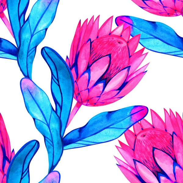 Protea neon flowers watercolor illustration pattern. Perfect for greetings, invitations, manufacture wrapping paper, textile, web design. — Stock Photo, Image