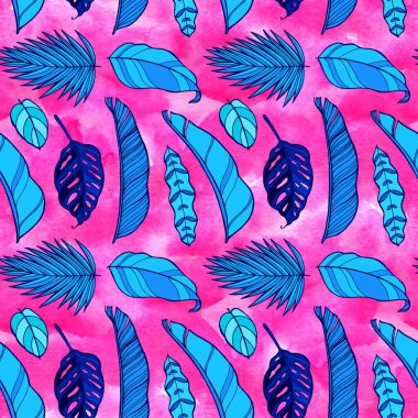 Tropikal yapraklar pürüzsüz. Suluboya ile elle çizilmiş egzotik yapraklar. Selamlama, davetiye, ambalaj kağıdı, tekstil ve web tasarımı için mükemmel.