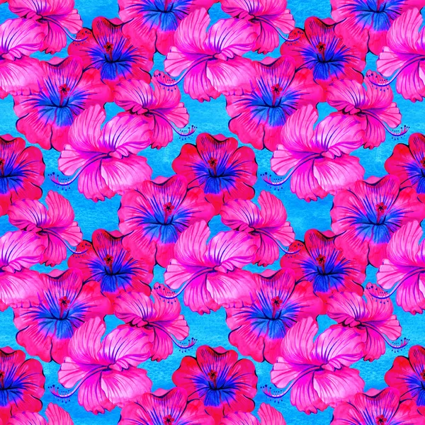 Inconsútil patrón de flores de moda de verano hibisco. Flores tropicales y hojas exóticas. Ilustración de acuarela sobre fondo de arco iris de neón — Foto de Stock