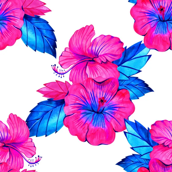 Sans couture hibiscus motif floral de mode d'été. Fleurs tropicales et feuilles exotiques. Illustration aquarelle sur fond arc-en-ciel néon — Photo