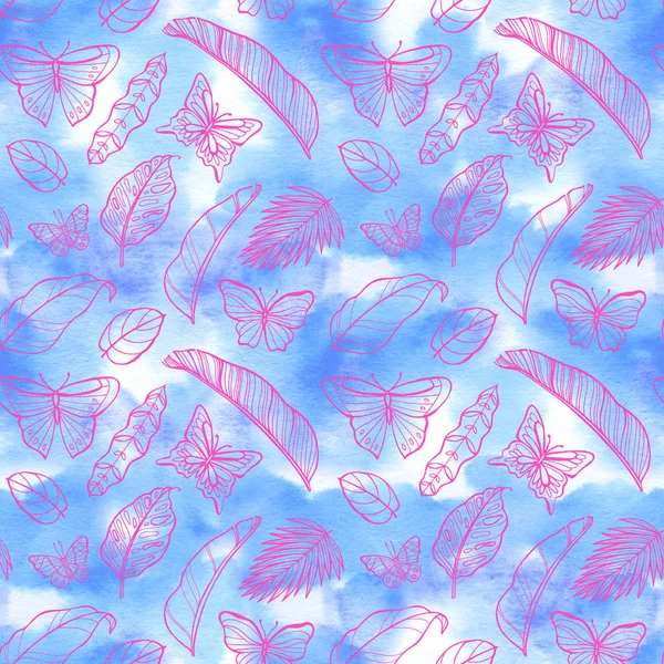 Tropical leaves seamless pattern. Hand drawn exotic leaves illustration in watercolor. Perfect for greetings, invitations, manufacture wrapping paper, textile, web design — Stock Photo, Image