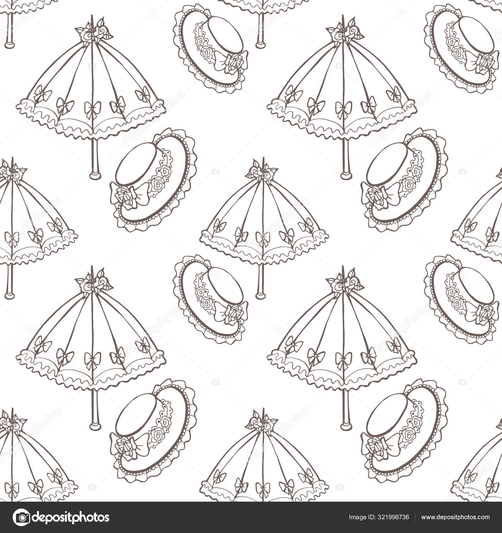 Illustration of vintage umbrella, hat. Seamless background fashionable