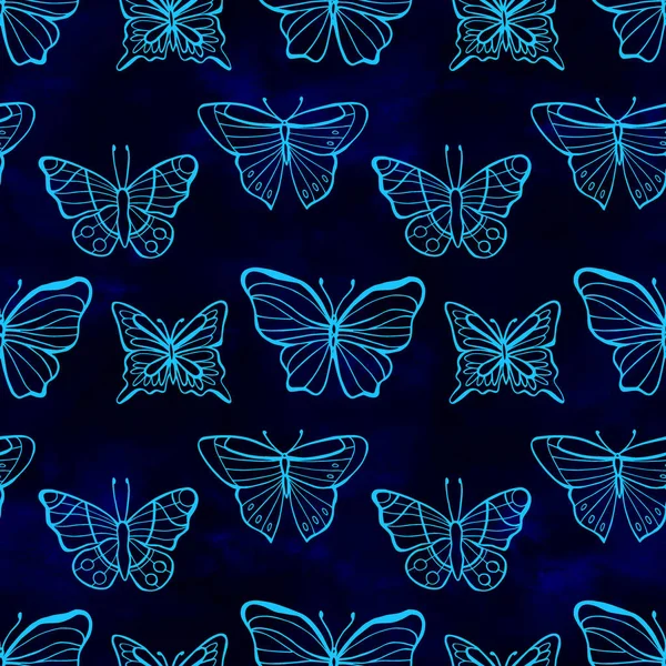 Neon fjärilar sömlöst mönster. Perfekt för hälsningar, inbjudningar, tillverkning av omslagspapper, textil, webbdesign. — Stockfoto