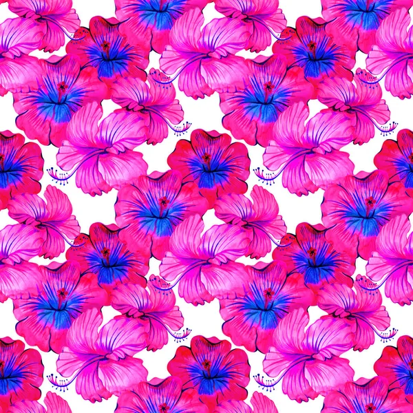 Acuarela neón rosa hibisco patrón sin costura. Perfecto para saludos, invitaciones, fabricación de papel de embalaje, textil, diseño web . — Foto de Stock