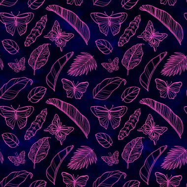 Neon kelebekleri kusursuz desen. Selamlama, davetiye, ambalaj kağıdı, tekstil ve web tasarımı için mükemmel..