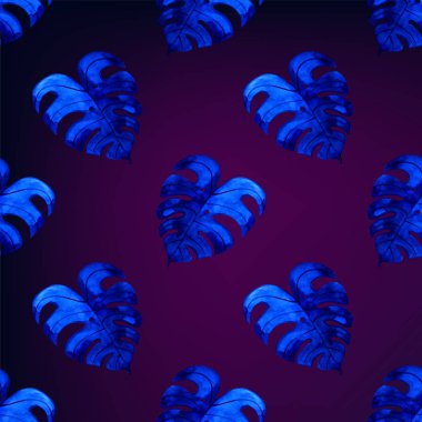 Kusursuz suluboya tropik yapraklar. Geniş bir kompozisyonda renkli yapraklar. Palmiye yapraklarının güzel empresyonist çizimi. Selamlama, davetiye ve imalat için mükemmel