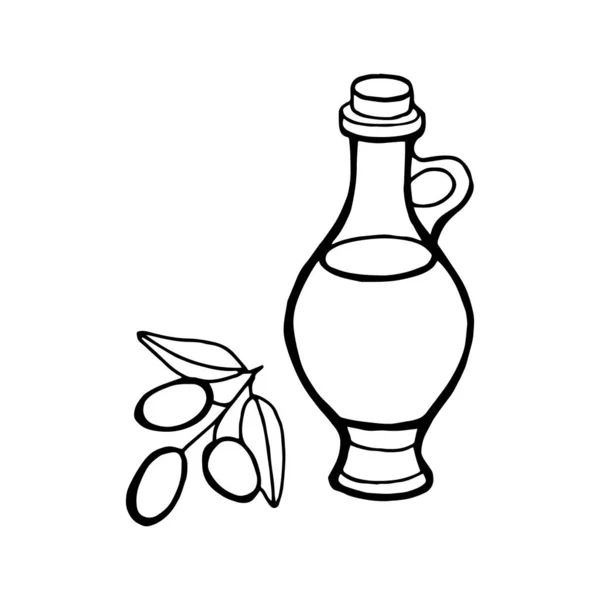 Vektorové obrysy. Zátiší olivového oleje do sklenice a snítky čerstvé olivy — Stockový vektor