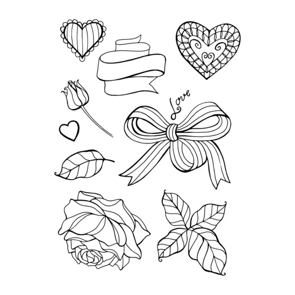 Vektorové ručně kreslil Valentines prvky designu: srdce, květiny, stuhy. Izolováno na bílém pozadí. — Stockový vektor