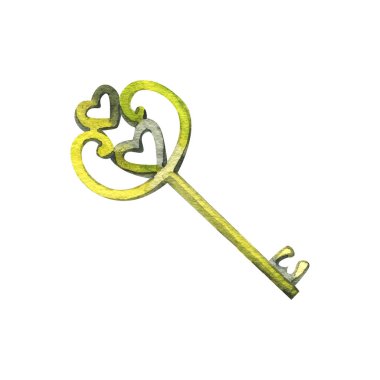 Beyaz arkaplanda izole edilmiş eski anahtar suluboya çizimi.