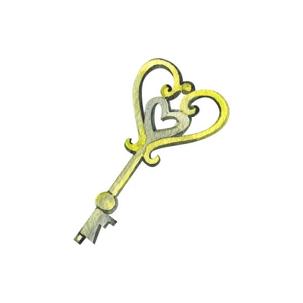 Old key watercolor illustration isolated on white background. — Stock Photo, Image