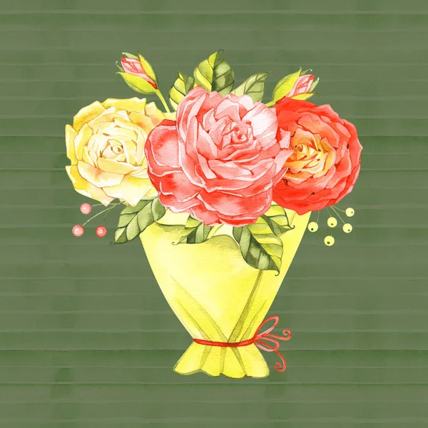 Roses bouquet, watercolor. Watercolour roses bouquet with wrapping paper. — Stock Photo, Image