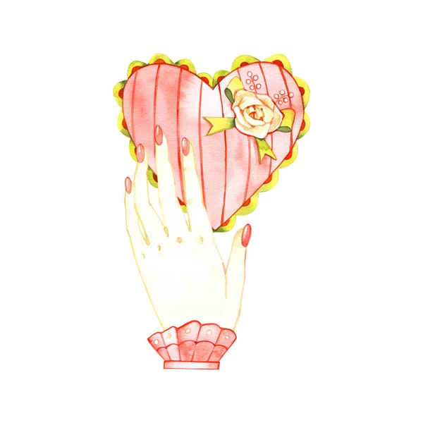 Hand hålla ett hjärta, isolerad akvarell kärlek symbol — Stockfoto