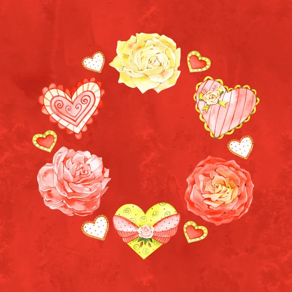 Акварель ручной работы иллюстрация романтический венок с красными и желтыми ветками с красными сердцами. Perfect for Valentine 's day and wedding decorations — стоковое фото