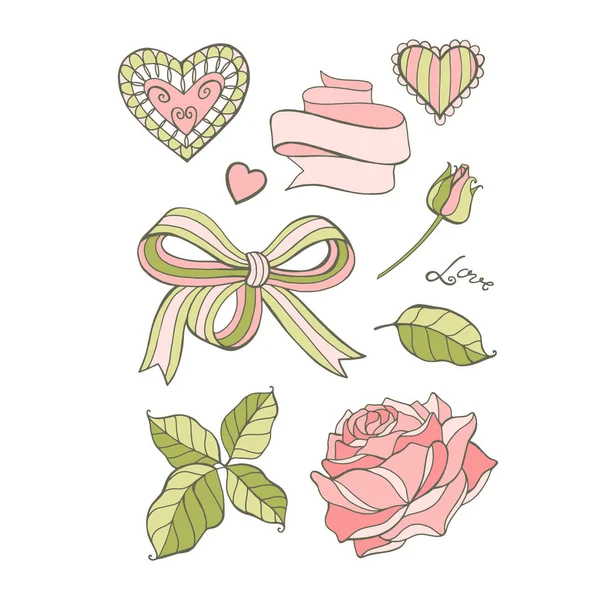 ベクトルハンドはバレンタインデーのデザイン要素を描きました:心、花、リボン。白地に隔離された — ストックベクタ