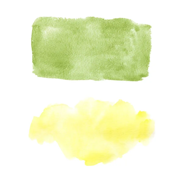 Yellow and green watercolor splotches. Clouds set isolated on white background. — ストック写真