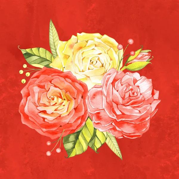 A bouquet of yellow and red roses, vintage styled watercolor drawing on white background a decorative border for a birthday card or wedding invitation design — Stock Photo, Image