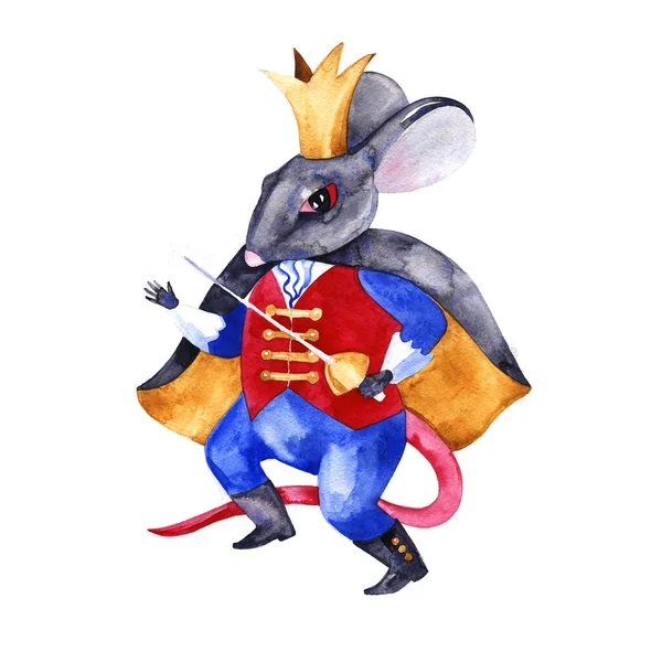 Spiteful And Insidious Old Rat King With A Shabby Tail, Wearing A Gold Crown  And A Chain, Grinning Out Of Its Dark Hole, Vector Cartoon Illustration On  A White Background Royalty Free