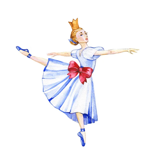 Aranyos lány akvarell balerina hercegnő. Gyönyörű balett táncos arany koronában — Stock Fotó