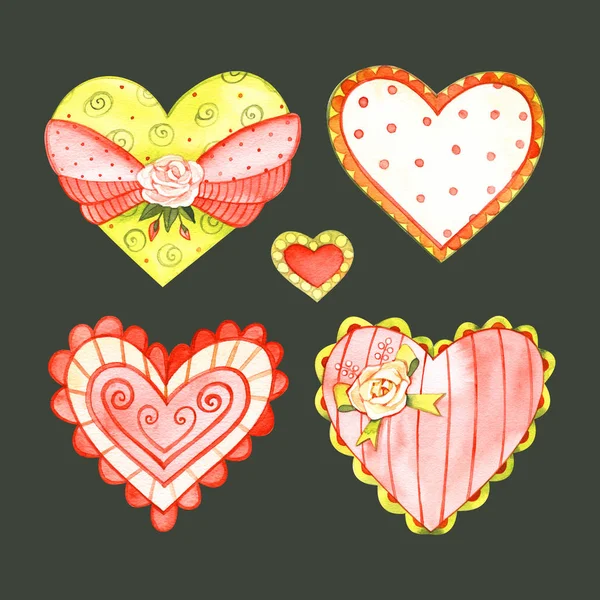 Um conjunto de corações para o design do amor. Corações de aquarela para cartão de dia de São Valentim ou decoração de aniversário de casamento — Fotografia de Stock