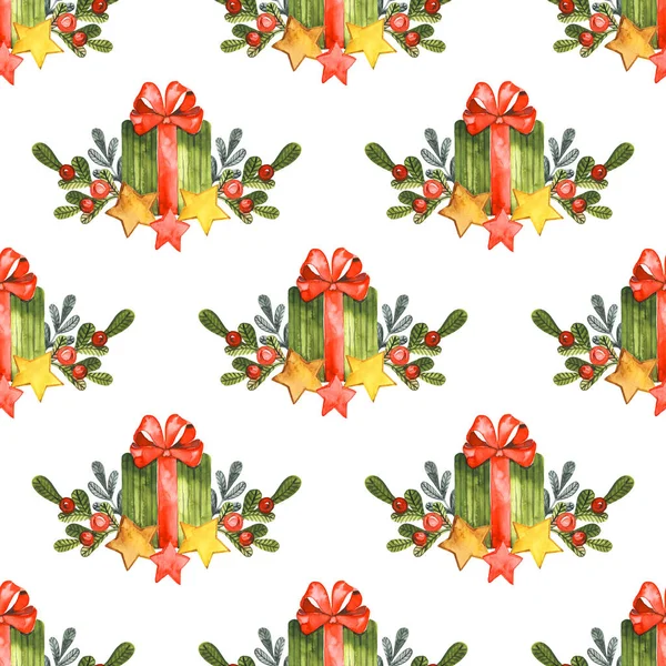 Seamless pattern with Christmas and New Year gifts. watercolor.  watercolor. — Stock Photo, Image