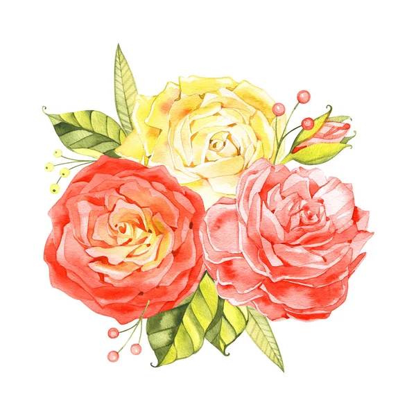 Buquê de rosas, aquarela. Buquê de rosas aquarela com papel de embrulho . — Fotografia de Stock