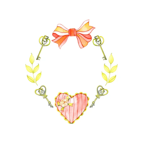 Watercolor pintado à mão ilustração coroa romântica com ramos vermelhos e amarelos com corações vermelhos. Perfeito para dia dos namorados e decorações de casamento . — Fotografia de Stock