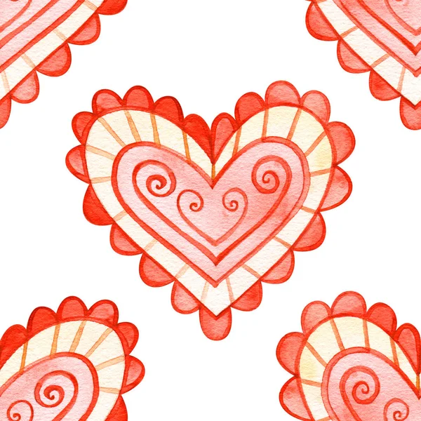 红色的浪漫无缝图案与心脏。手绘水彩画.完美的生日，情人节，结婚请柬. — 图库照片