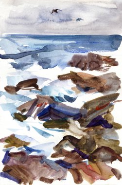 Deniz sörf, suluboya boyalı ile manzara. Deniz manzarası.