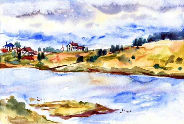 Watercolor landscape. Footpath along the bush in the morning mist over the summer lake