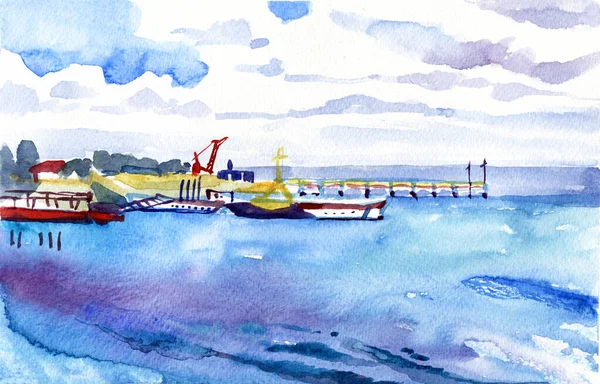 青い海の白い桟橋。夏の晴れた日。水彩画の海景. — ストック写真