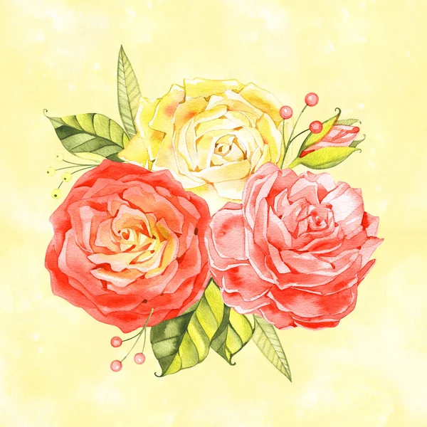 Kytice žluté a červené růže, retro akvarel kresba na bílém pozadí dekorativní okraj pro narozeninové přání nebo svatební pozvánky design — Stock fotografie