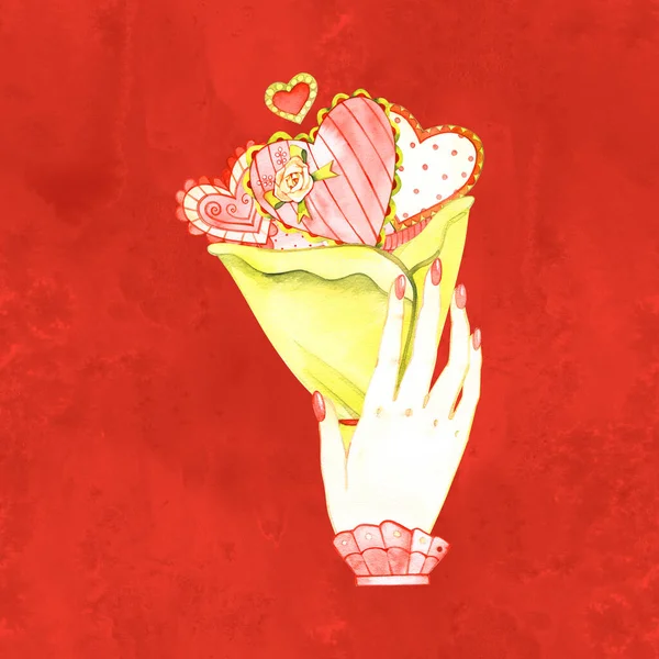 로맨틱 한 물감 디자인 요소. 사랑에 대한 빨간 마음. 발렌틴 데이. 수채화. — 스톡 사진